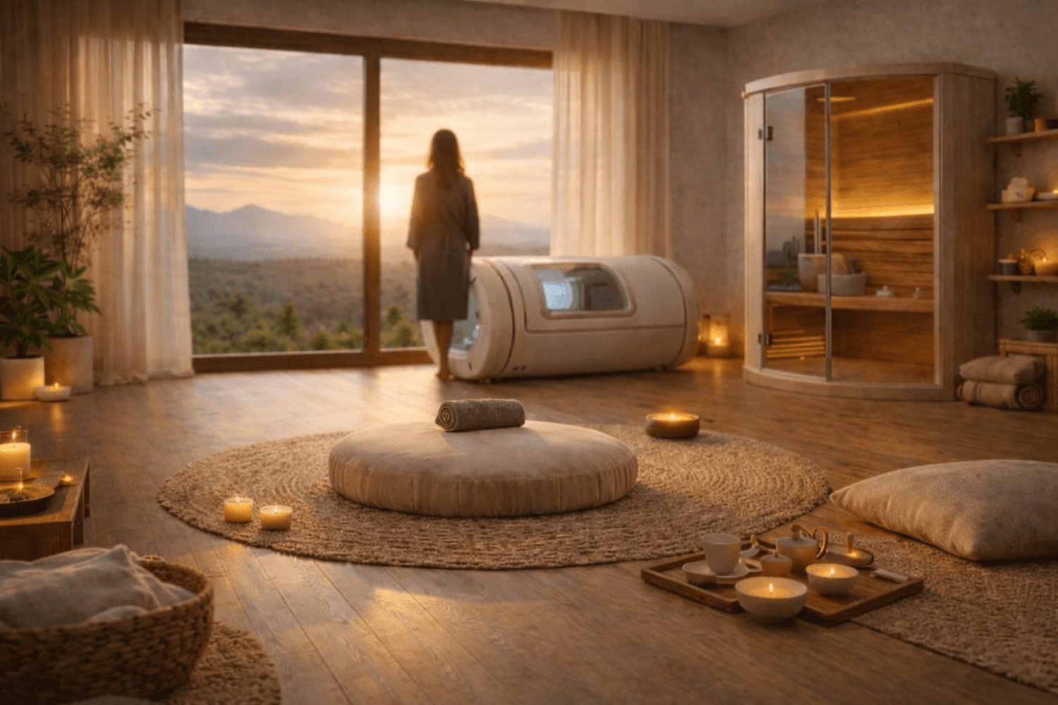 Person gazing at sunset from wellness room